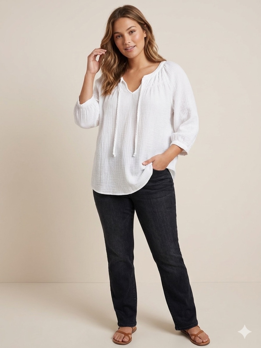 Mac and Me White Cotton Gauze Tie Neck Peasant Blouse 1X Boho Coastal 3/4 Sleeve - Picture 2 of 16